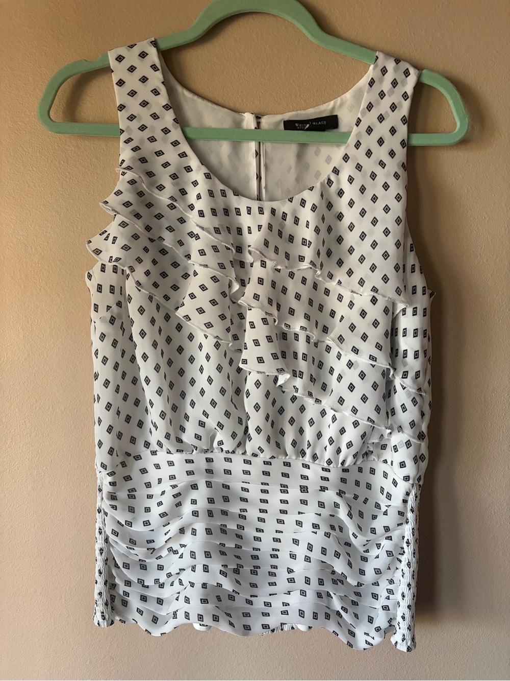 White House Black Market White Tank with Black Geometric Print and Ruffles